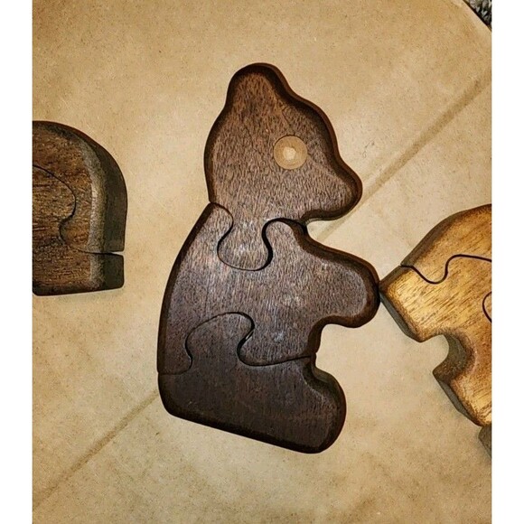 Vintage 3D Wooden Puzzle Hippo, Bear, And Elephant - Picture 4 of 4